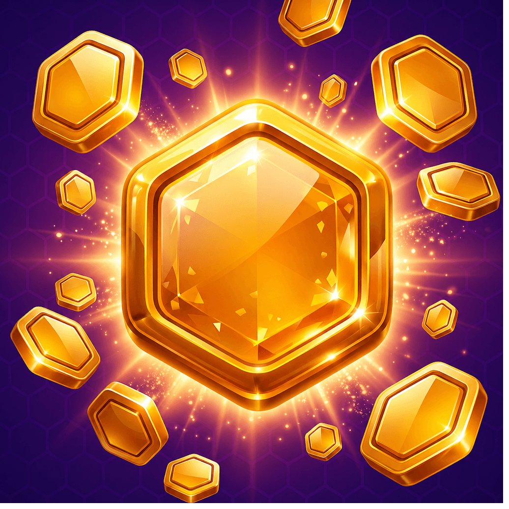 Glowing golden hexagon gems